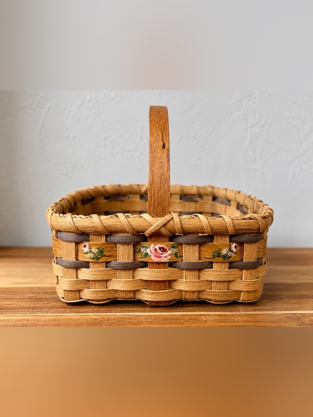 Vintage Signed Raymond Woven Basket with Pink Rose Accents